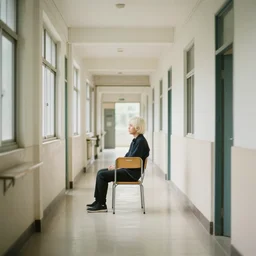 a man sitting in a chair in the middle of an empty school hallway