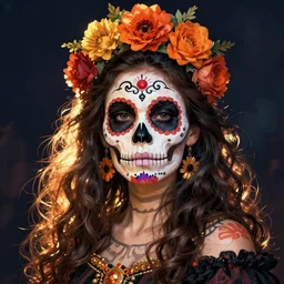illustration of a sugar skull day of the dead girl, art by rembrant