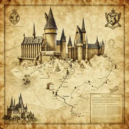 marauders map of hogwarts showing names, mischief managed, in the style of treasure map