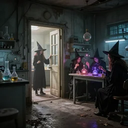 a derelict science laboratory with an open door with light shining in spilling out on the floor. witches performing a seance. spells and magic. highly detailed photography dlsr bokeh. flickr, deviantart,