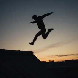 sideways landscape photo of person jumping on the roofs, high contrast, moody sunset, late night, blurry photo, by greg rutkowski, alphonse mucha, beeple, sharp focus, digital art, smooth