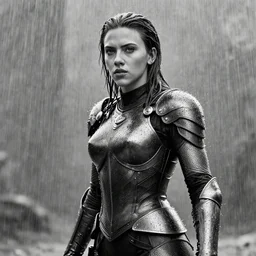 scarlett johansson, wearing rain soaked armour in the pouring rain, incredibly fine detailed portrait, battle angel alita, black and white, dynamic angle, pencil and ink manga, elegant, full body profile, highly detailed, dramatic lighting, depths of field effect, vfx, 3 d octane render