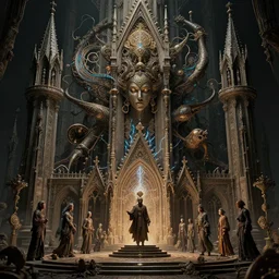 highly detailed surreal vfx afrofuturist portrait of a 3 d gothic temple, polyphonic bio - communications, arcane ritual, entangled vibrating, electricity, ultra detailed, ornate, hyperrealistic, octane render, chiaroscuro, inspired by carne griffiths & james jean & android jones & william morris & ernst haeckel & alphonse mucha, unreal engine, octane render