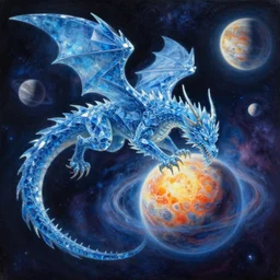 prompt  crystalline blue dragon devouring a planet, space, planets, moons, sun system, nebula, oil painting, by Fernanda Suarez and and Edgar Maxence and greg rutkowski