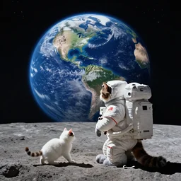 a very high resolution image from a new movie. cat sitting on the moon watching planet earth. 2 4 mm, on the moon, astronaut, cat, walking together, photorealistic, photography, night directed by wes anderson