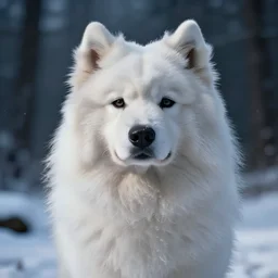 A close up portrait of a samoyed dog in the snow, an epic fantasy, dramatic lighting, cinematic, establishing shot, extremely high detail, photorealistic, cinematic lighting, artstation, by simon stalenhag