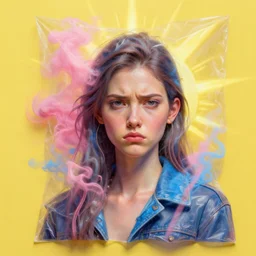 3 d, pink and blue smoke, sun rays, frown fashion model, plastic, poster art, high detail, intricate oil painting, multiple exposure, yellow mood, hyperrealism, 3 d, by tooth wu and wlop and beeple and greg rutkowski