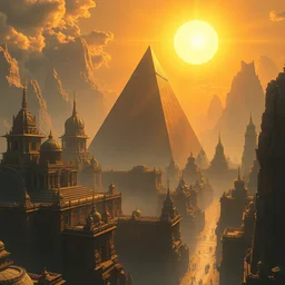a futuristic solarpunk city with temples with a giant pyramid and bright sun rays 8 k highly detailed hyperornate high contrast and sharp oil painting by marc simonetti and caspar david friedrich, trending on artstation