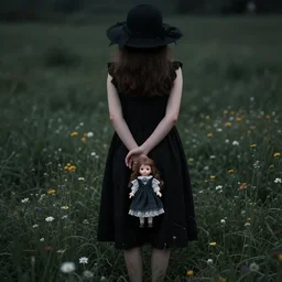 a girl standing in a field, alone, wearing black dress and hat, doll in hand, detailed hands, by andrea kowch, dark, scene, magic realism, flowers