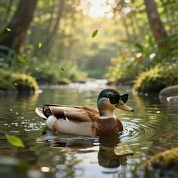 a duck wearing sunglasses swimming on a river, with green leaves blowing up, golden hour time, high - resolution, digital art, trending on artstation, river inside a jungle