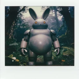 dark night giant oversized battle rabbit wacky! robot chubby fatmech with big ears, in jungle forest, full body, nighttime, cinematic focus, polaroid photo, vintage, neutral dull colors, soft lights, foggy, overcast by oleg oprisco, by thomas peschak, by discovery channel, by victor enrich, by gregory crewdson