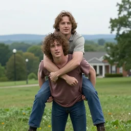 trey anastasio giving a piggy back ride to dave matthews as a photograph with charlottesville virginia in the background, movie still, 8 k,
