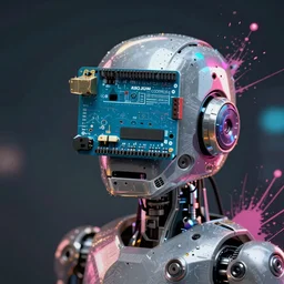 Beautiful Photo of Arduino Uno in the robot's head.Cyberpunk. splatterpunk. 4K