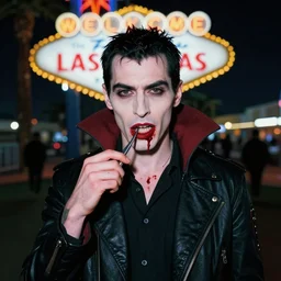 color portrait of homeless vampire in Las Vegas at night, blood, 35mm f1.8, behance, trending on instagram