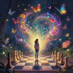 distant full long wide view shot. chess player woman in a hoodie, jean pants, sneakers, enchanting an illusory spell. butterflies, flowers, fireflies, spirits, digital painting, detailed, colorful aura, 8 k, trending on artstation, smooth, sharp focus artwork by mark arian, artgerm, mark keathley, greg rutkowski