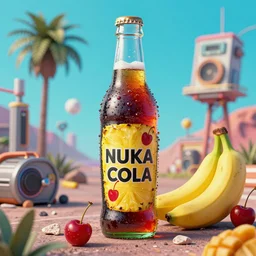 bottle of delicious pineapple, cherry & banana flavoured nuka cola, post apocalypse, unreal engine, retro futurism, dieselpunk, 3 d art, concept art, highly detailed, pop art, by artgerm and jakub rozalsky