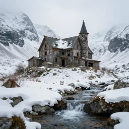 old abandoned dwarven keep nestled high up in the snow covered mountains. picturesque scenery. running water. landscape photography. fantasy. trending on art station.