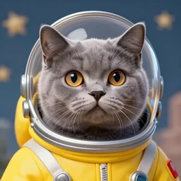 head and shoulders masterpiece portrait of a cute adorable gray cat wearing a yellow spacesuit, surreal background, digital art by krenz cushart, trending on artstation, cgsociety,