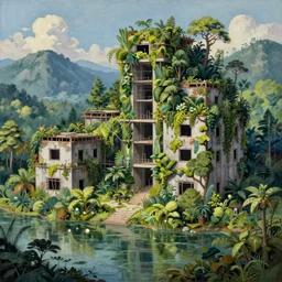 a beautiful very detailed painting of facility unfinished building abandoned by shigeru ban, reclaimed by nature rainforest lake sci - fi cgsociety hyperrealism, archdaily, wallpaper, highly detailed, trending on artstation.
