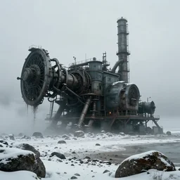 massive mechanical structure industrial building on a rocky snowy beach, horror vibes, matte painting, foggy, ridley scott film