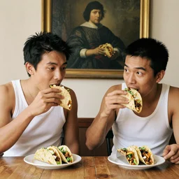 two guys in tank tops, eating tacos, rembrandt painting