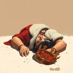 a king laying on the ground, his crown fallen on the ground beside him, limited neutral palette, by petros afshar, anton fadeev, dean ellis, beautiful graphic full body portrait, propaganda poster art 1 9 7 0 s illustrated advertising art, painterly character design
