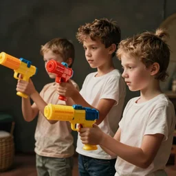 skinny kids playing with plastic weapons