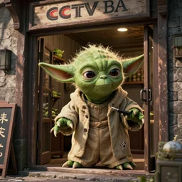 CCTV footage of Yoda robbing a store, high detailes