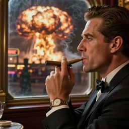 Mr. House, realistic, highly detailed face, looks at the nuclear explosion, from the window of the Lucky 38 Casino, man smokes a cigar, ! holding in his Hand !, arm, cigarette advertising, hyperdetailed, artstation trending, ultra HD, artstation, photorealism, ultrarealistic, retro, 45mm, elegant,