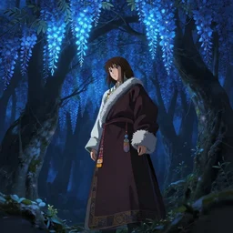 beautiful Himalayan woman, sci-fi tibetan fashion, brown hair, somber, scene of a summer forest with glowing blue wisteria, dramatic light, wide angle, dramatic pose, dramatic angle , 8k hdr pixiv by Makoto Shinkai and Wojtek Fus