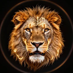 A lion face made of Arabic Calligraphy depicting in glowing neons, fisheye lens, unreal 5, DAZ, hyperrealistic, octane render, dynamic lighting