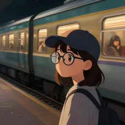a cute girl wearing glasses and a cap, looking to the trains, cinematic lighting, dramatic atmosphere, artwork by dustin nguyen, akihiko yoshida, greg tocchini, greg rutkowski, cliff chiang, 4 k resolution, trending on artstation,