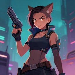 a cartoon picture of a woman with a gun in her hand, cyberpunk art by ambreen butt, trending on deviantart, furry art, speedpainting, sci - fi, dystopian art