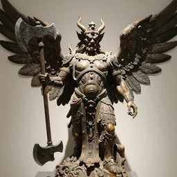 photo taken of an epic intricate, ultra detailed, super realistic sculpture of a ancient winged demonic guardian statue holding an axe, sculpture on display, created by weta workshop, photorealistic, sharp focus, f 0. 4, face centred, golden ratio