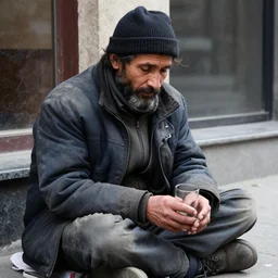 digital camera photo of homeless man sitting on the street. he hold glass in his hands.