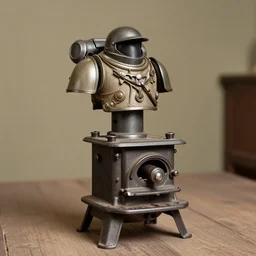 a photograph from 1890 of mechwarrior made out of a cast iron potbelly stove
