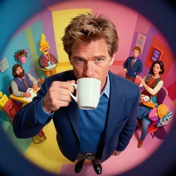harrison ford drinking coffee, colorful, contrast, 3 d scene, greg rutkowski, zabrocki, karlkka, jayison devadas, trending on artstation, 8 k, ultra wide angle, zenith view, pincushion lens effect