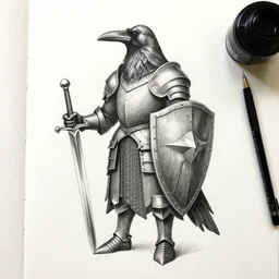 a armoured knight in the shape of a crow with sword and sheild, pencil and ink, very detailed, greg rutkowski and alphonse mucha, david finch,