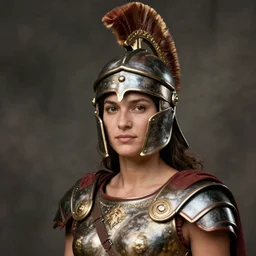 portrait of female roman gladiator with helmet and armor, color photograph by steve mccurry