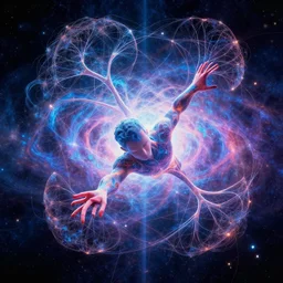 letting go of reality and experiencing the quantum feild, comic book art, cinematic, highly detailed, realistic, beautiful cosmic neural network, octane render