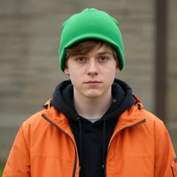 portrait photo still of real life young kyle broflovski wearing an orange jacket and green hat, 8 k, 8 5 mm, f. 1 4