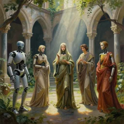 graceful robotic saints portrait, ambient light - filled courtyard, morning light, romanesque architecture, chiaroscuro, atmospheric, light cascading, lush, fantastical, lowbrow, pop surrealism, avery palmer, mark ryden, mike davis, marion peck, camille rose garcia, todd schorr and ray caesar, oil on canvas