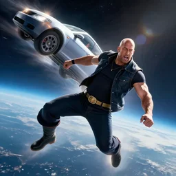 vin diesel as saitama!!! throwing!!! a car!!!!!!!!!! into space, ultra realistic, lens flare, atmosphere, glow, detailed, intricate, full of colour, cinematic lighting, trending on artstation, 4 k, hyperrealistic, focused, extreme details, unreal engine 5, cinematic, masterpiece