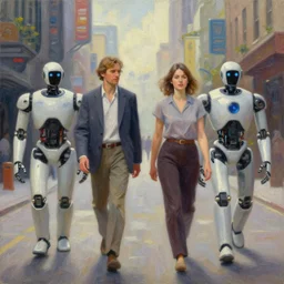 centered oil painting of a humans and robots waling on street in future, octane rendering, trending on artstation, thomas kinkade and james gurney