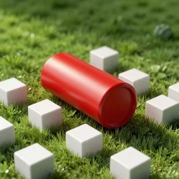 A red cylinder rolling on white cubes in a green field, 3d render
