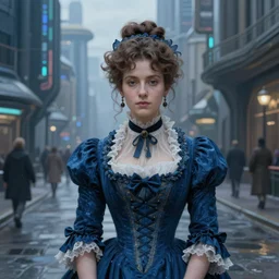 portrait of a victorian lady in a futuristic city, streets, beautiful, blue, highly detailed, digital painting