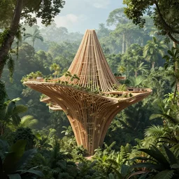 timber megastructure in the middle of the jungle, parametric architecture, concept art, behance