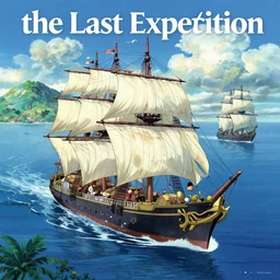 a poster for a film animation called the last expedition, ( about an big ship expedition to the lost continent of kallah ), sunny day, blue tropical sea, ships passing by, delicate features finely detailed perfect art, gapmoe yandere grimdark, trending on pixiv fanbox, painted by greg rutkowski makoto shinkai takashi takeuchi studio ghibli