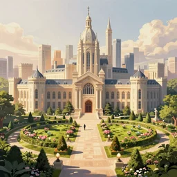 huge academic castle city behind a garden, concept art, digital painting, style of jordan grimmer, warm lighting, futuristic, volumetric lighting, view from below, vivid colours, bright, nighttime, moon rays , high detail, not a lot of grass
