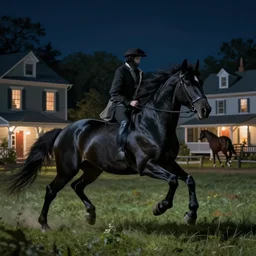 a black horse galloping through a New England town in 1643 at night, fantasy art, detailed, hyper realistic, cinematic